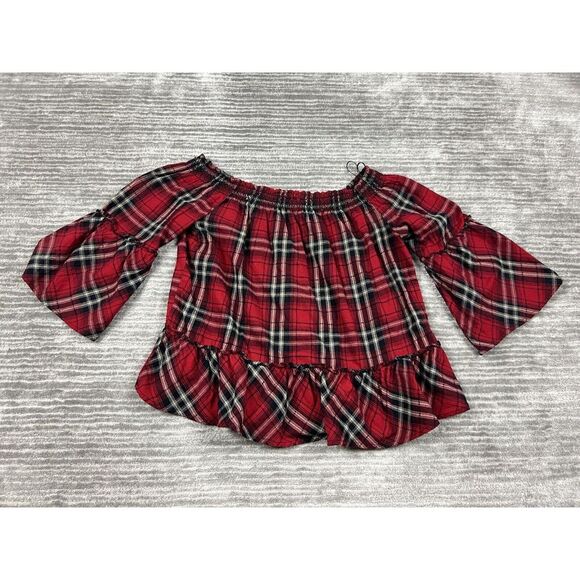 C‎ Label Top Womens Large Red Plaid Off Shoulder 3/4 Sleeve Bohemian Casual - Picture 7 of 12